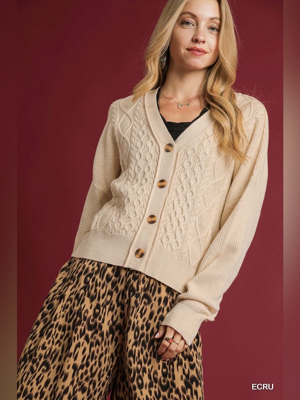 Umgee Chunky Cable Knit V-Neck Button-Up Cardigan